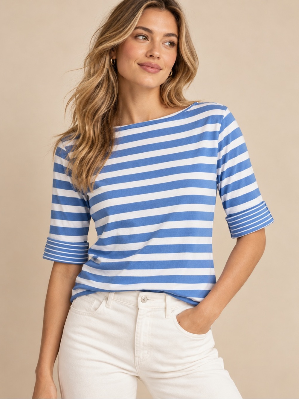 Lauren Ralph Lauren Blue White Striped Boat Neck Cotton Top M